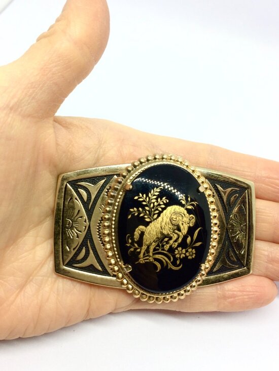 VINTAGE RAM BELT Buckle Aries Zodiac Black Gold Tone Enamel main image 5